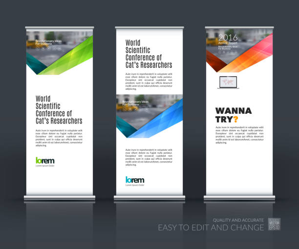 Vector set of modern roll up banner stand design with Vector set of modern roll up banner stand design with blue green red triangles, arrow, ribbon with overlap effect for business with construction and industrial concept. Corporate vector vertical flyer. roll up banner photos stock illustrations