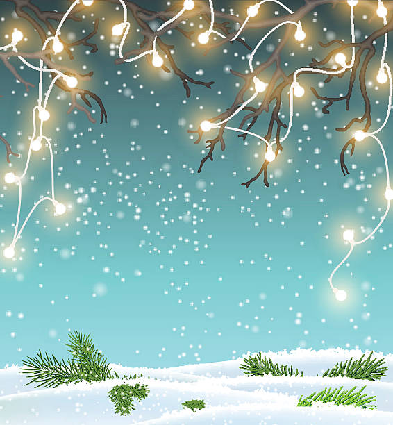 stockillustraties, clipart, cartoons en iconen met christmas background, winter landscape with electric decorative lights, illustration - dry january