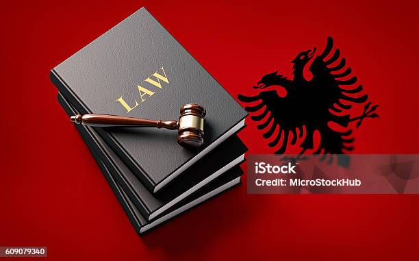 Gavel And Law Books On Albanian Flag Albanian Justice Concept Stock Photo - Download Image Now