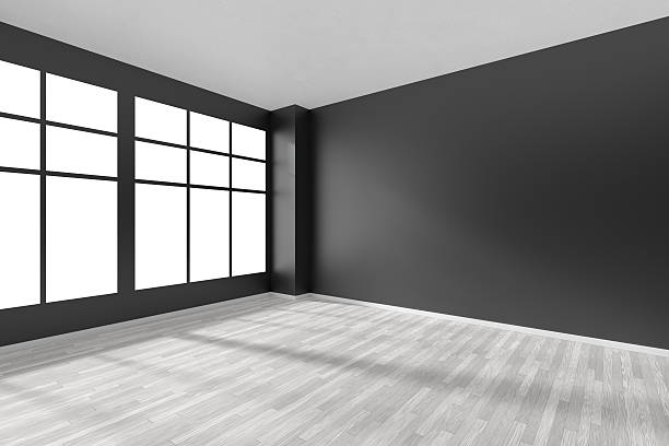 vazio quarto branco com piso em parquete, preto paredes e janela - corridor entrance hall floor hardwood - fotografias e filmes do acervo
