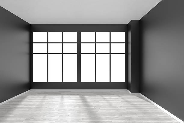 istock Empty room with white parquet floor, black walls and window 609080026