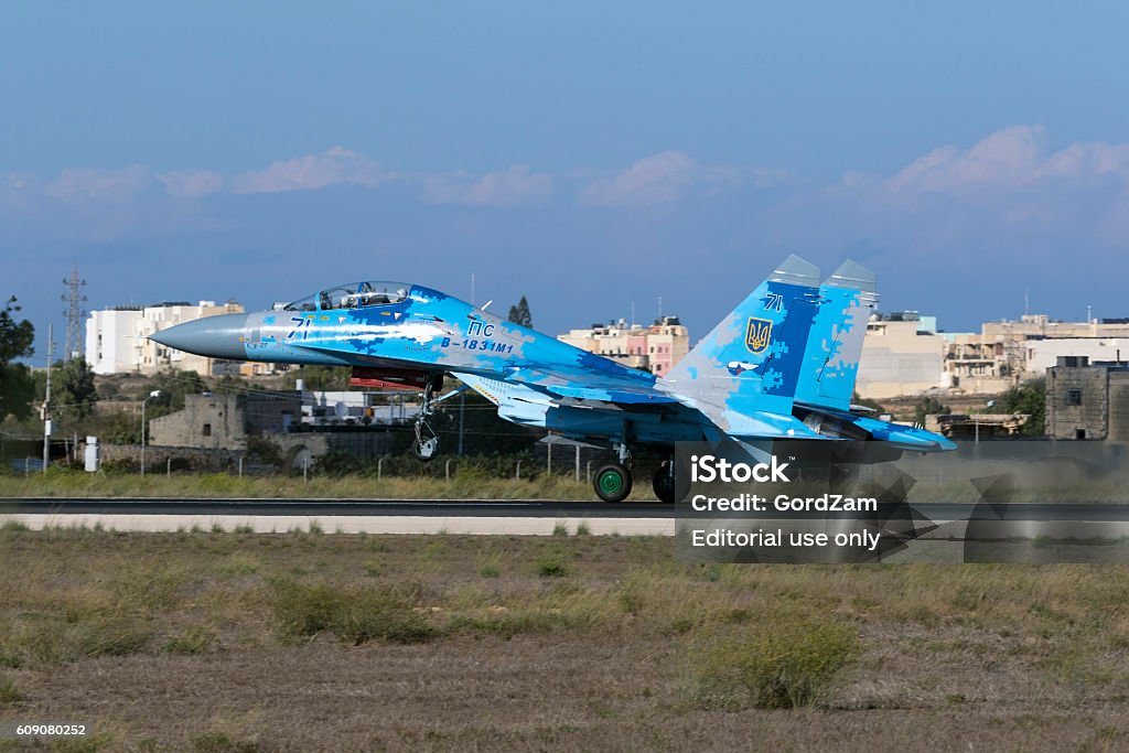 Ukrainian Flanker in "Digital" Camouflage Luqa, Malta - September 22, 2016: Ukrainian Air Force Sukhoi Su-27UB  Aerospace Industry Stock Photo