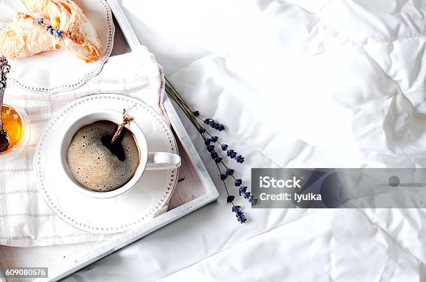 Cup Of Coffee And Flower Stock Photo - Download Image Now - Breakfast, Bed - Furniture, Lavender - Plant