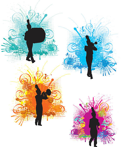Marching Band Designs - Silhouette Background Tight graphic silhouette background illustration of a Marching Band. Scale to any size. Check out my "Marching Band Vector" light box for more. marching band silhouette stock illustrations
