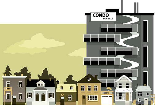 New condo building with For Sale sign towering over an old low density neighborhood, EPS 8 vector illustration