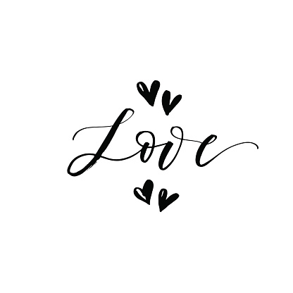 Love phrase with hearts. Hand drawn romantic postcard. Ink illustration. Modern brush calligraphy. Isolated on white background.