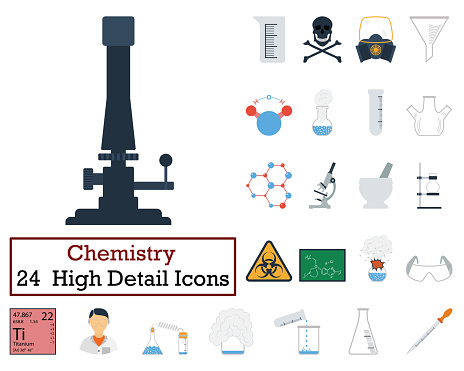 Set of 24 Chemistry Icons. Flat color design. Vector illustration.