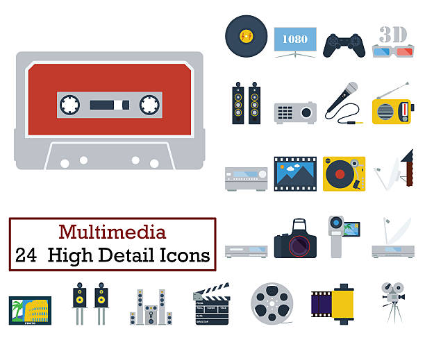 Set of 24 Multimedia Icons. Flat color design. Vector illustration.