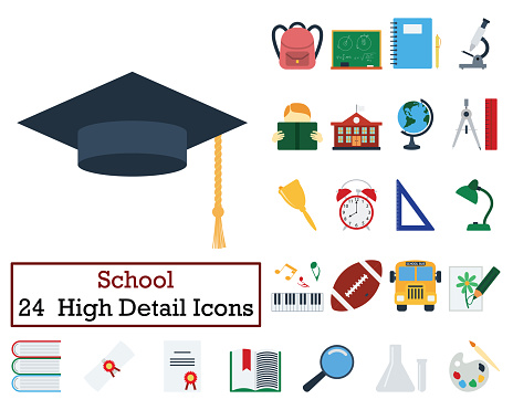 Set of 24 Education Icons. Flat color design. Vector illustration.