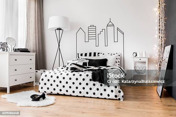 Morning Mess In Womans Bedroom Stock Photo - Download Image Now - Bedroom, Black And White, Architecture