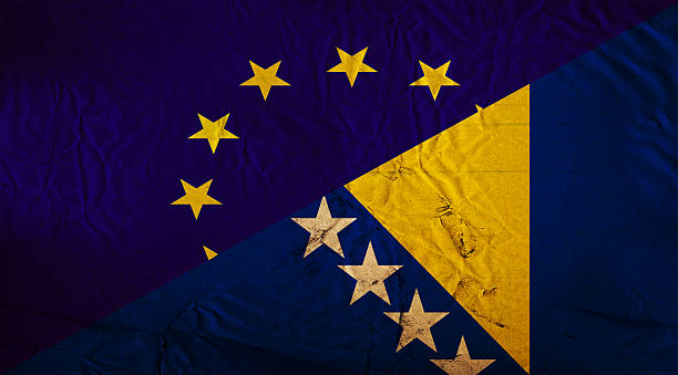 european union and bosnia herzegovinan flag - bosnia herzegovinan imagens e fotografias de stock