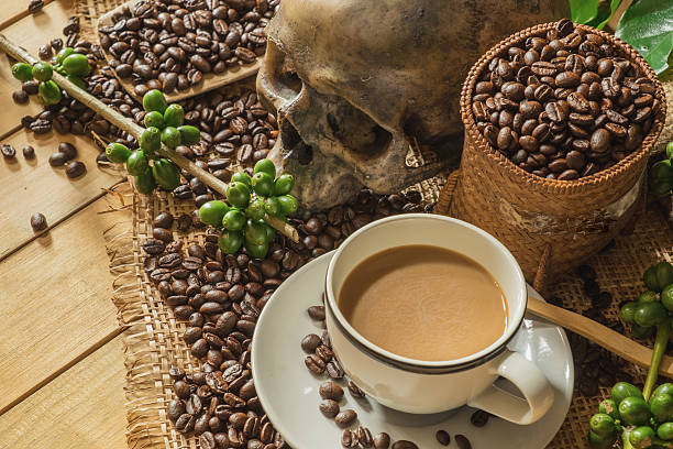 istock still life photography, coffee beans with skull 609090808