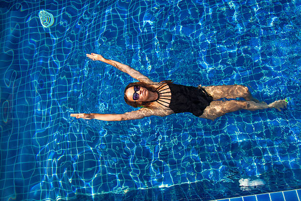 istock Woman in a bathing suit in a blue pool 609093376