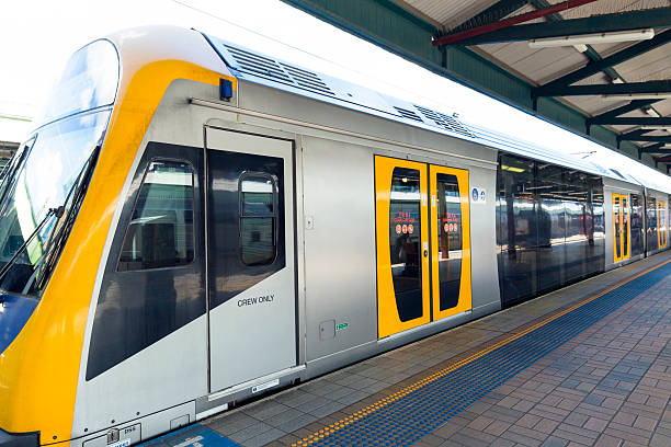 istock Closeup modern train at the station, Sydney Australia, copy space 609093582