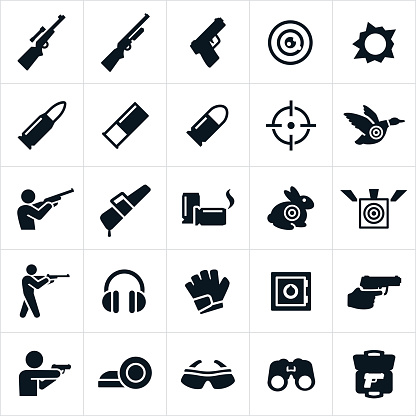 A set of icons showing the sport and leisure activity of shooting at the range and target practice.
