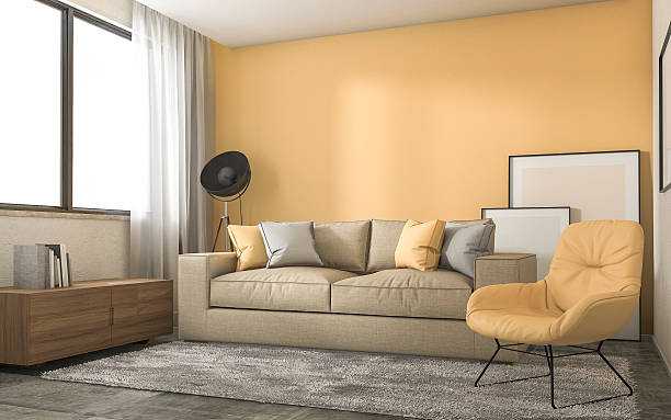 istock 3d rendering yellow loft living room with minimal decoration 609408022