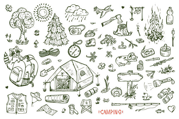 Tourism and camping vector set. Hand drawn doodle Camping Elements Tourism and camping set. Hand drawn doodle Camping Elements vector illustration doodle stock illustrations