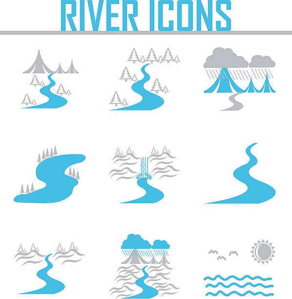 illustrazioni stock, clip art, cartoni animati e icone di tendenza di river e paesaggio icone - landscaped sign farm landscape