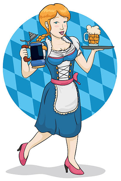 Traditional Waitress with Steins for Beer Fest Celebration Smiling beauty waitress in traditional dirndl serving the beers in classic stein and glass in Beer Fest event. pics of dirndl skirt stock illustrations