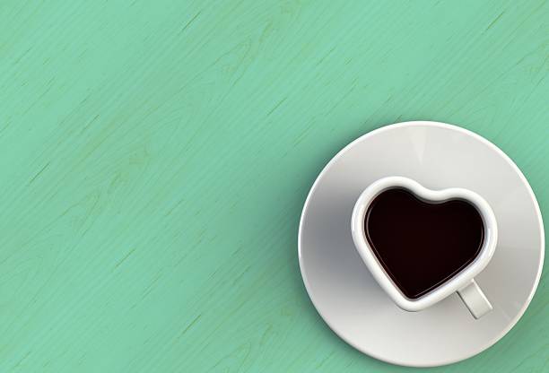 Coffee cup shape heart on green wood table, 3D rendering