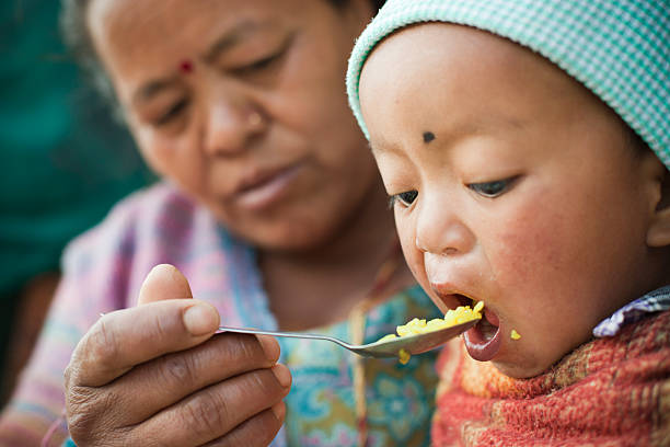 Asian woman feeding food to little child. Outdoor image at day time of Asian woman feeding food to her grandson. The little child is opening his mouth wide to eat his lunch fed by his grandmother. Two people, Head and shoulders, horizontal composition and selective focus. mid day meal stock pictures, royalty-free photos & images