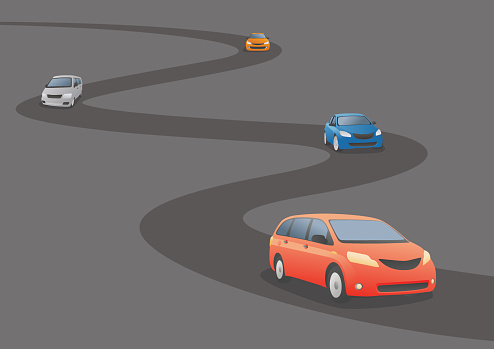Car running a curved road, vector illustration