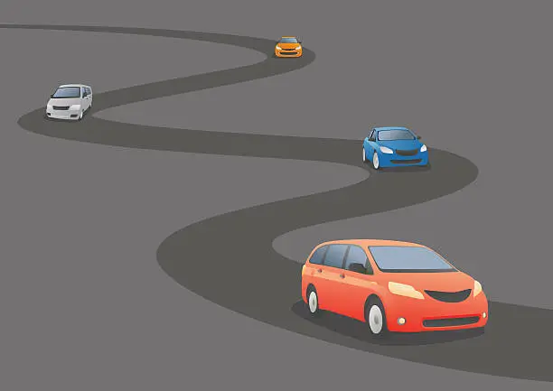 Vector illustration of Car running a curved road, vector illustration
