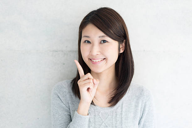 istock Asian young woman showing 609443230