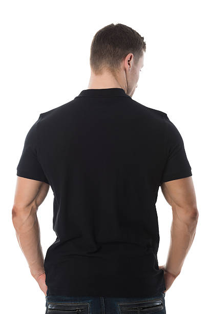 istock Rear View Of Man In Black Tshirt On White Background 609532306