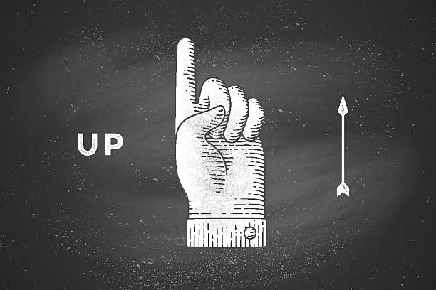 Vintage drawing of hand sign upstairs or hand pointing up in engraving retro style, drawing on chalkboard with text Up. Old drawn hand sign up for information sign, navigation. Vector Illustration