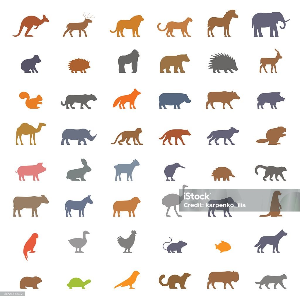 Figuras del sistema del vector de animales de granja y salvajes - arte vectorial de Ícono libre de derechos