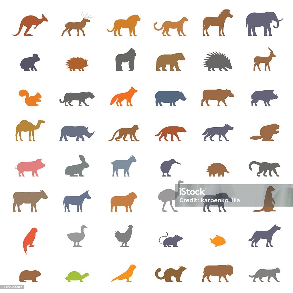 Vector set figures of farm and wild animals Vector set figures of domestic, farm and wild animals isolated on white background. Black silhouettes kangaroos, deer, lion, leopard, horse, elephant, koala and others. Icon stock vector