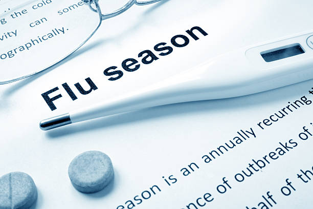 Flu season sign on a paper and glasses.