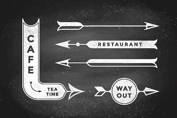 Set of vintage arrows and banners Set of vintage arrows and banners with text Cafe, Way Out, Restaurant. Design elements of set arrow for navigation. Retro style arrow on black chalkboard background. Vector Illustration old style stock illustrations