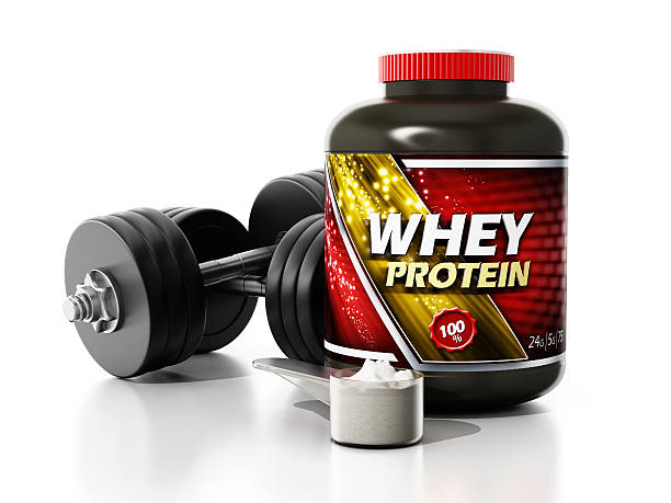 istock Whey protein container and fitness dumbbells 609625170