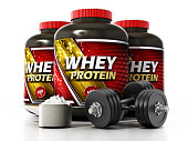 Whey protein container and fitness dumbbells