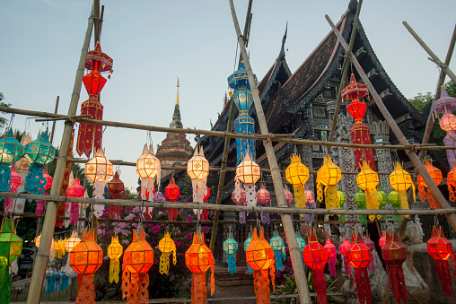 lanterns at the Wat Lokmoli Temple at the Loy Krathong Festival in the city of Chiang Mai in North Thailand in Thailand in southeastasia.
