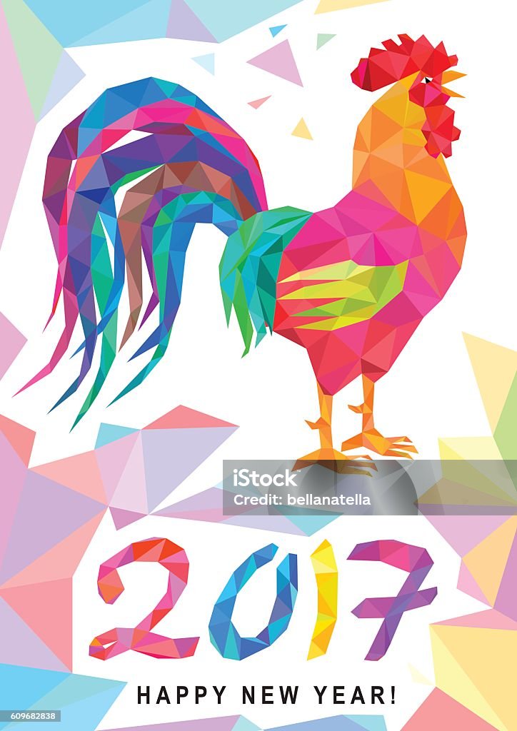 Low poly colorful rooster on white. Low poly colorful rooster on white. Lettering 2017 on abstract background. Chinese horoscope symbol. Happy new year. 2017 stock vector