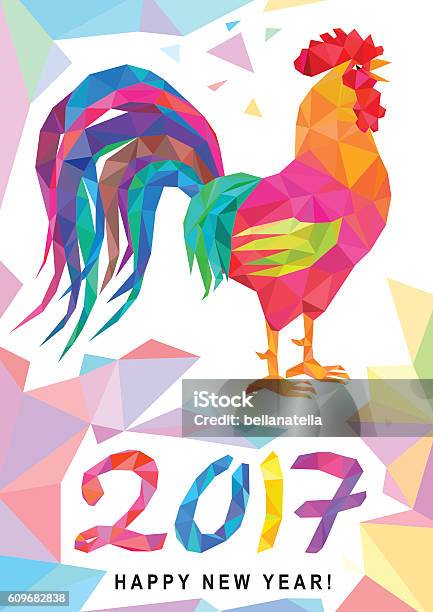 Low Poly Colorful Rooster On White Stock Illustration - Download Image Now - 2017, Animal, Backgrounds