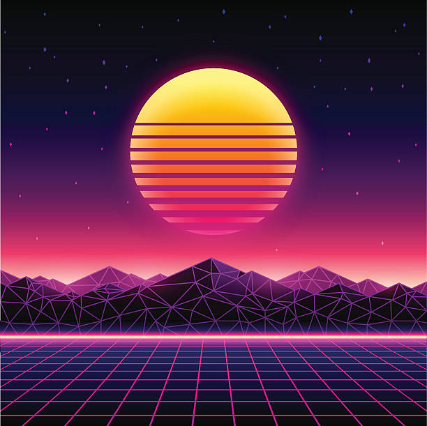 Retro futuristic background 1980s style. Digital landscape vector art illustration