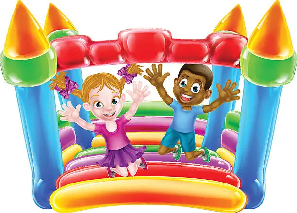 Vector illustration of Kids Playing on Bouncy Castle