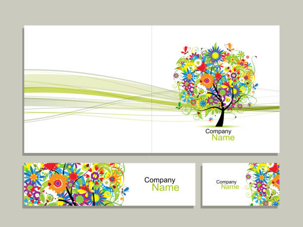Business card collection, abstract floral tree design vector art illustration