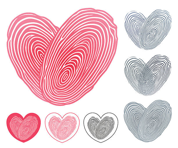 Heart icon formed of two overlapping fingerprints Heart icon formed of two overlapping fingerprints symbolising the commitment and love of two people in six different variations on white to celebrate a wedding, vector illustration cursive letters tattoos silhouette stock illustrations
