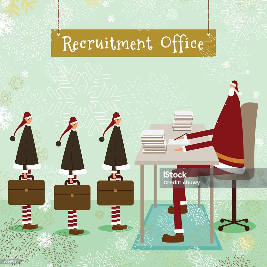 santa klaus christmas elf business employment concept Christmas card in a humorous touch with Santa employing elves for the christmas campaign. Recruitment stock vector