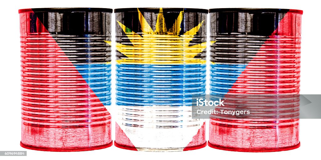 Tin Cans Flag of Antigua and Barbuda Three tin cans with the flag of Antigua and Barbuda on them isolated on a white background. Aluminum Stock Photo