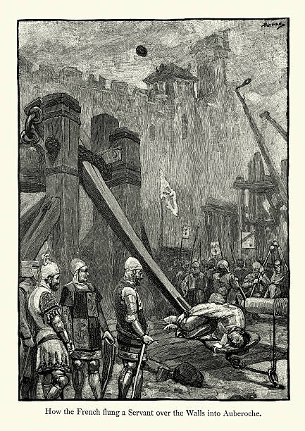 illustrations, cliparts, dessins animés et icônes de homme de la guerre de cent ans jeté par une catapulte - slingshot weapon medieval siege