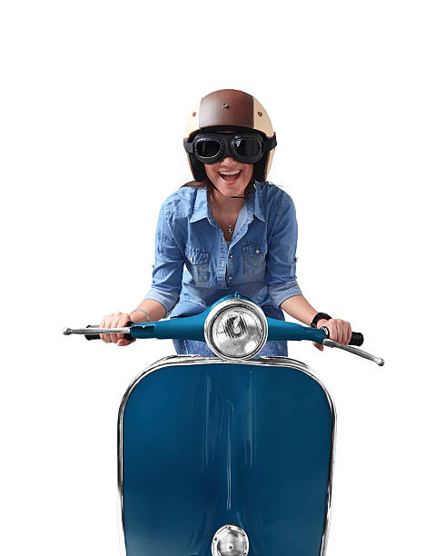 istock Asian woman using helmet driving blue retro motorcycle 609697434