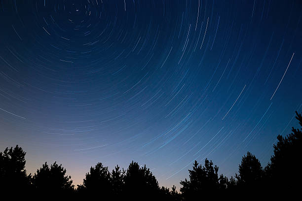 istock Star trail in the night sky.  Against  background of tree 609698254