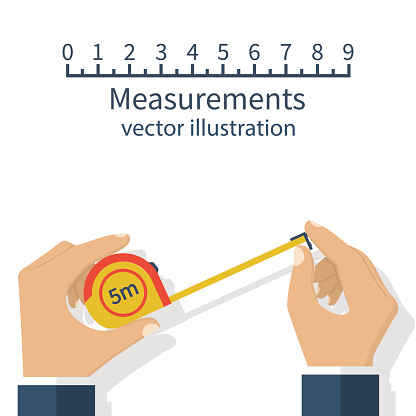 Measuring tape in the hands of the person making the measurements. Vector illustration flat design isolated on white background.