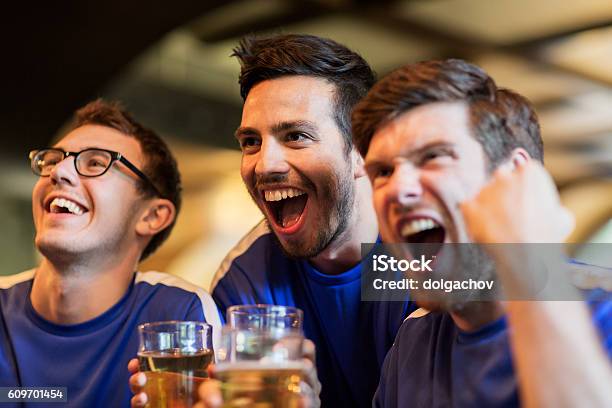 Football Fans Or Friends With Beer At Sport Bar Stock Photo - Download Image Now - Bar - Drink Establishment, Sport, Soccer